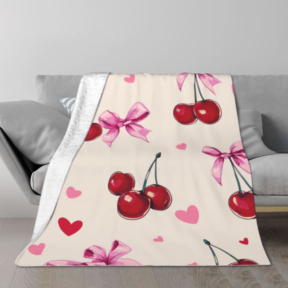 Cherry Coquette Throw Blanket, Pink Bows & Cute Fruit Aesthetic, Soft Plush Flannel Fleece for Sweet Decor 50x40