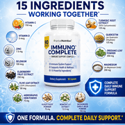 Immune Support Supplement, Immuno Complete is 15 Powerful Ingredients Vitamin C, D, Zinc, Magnesium, Elderberry Plus 10 More