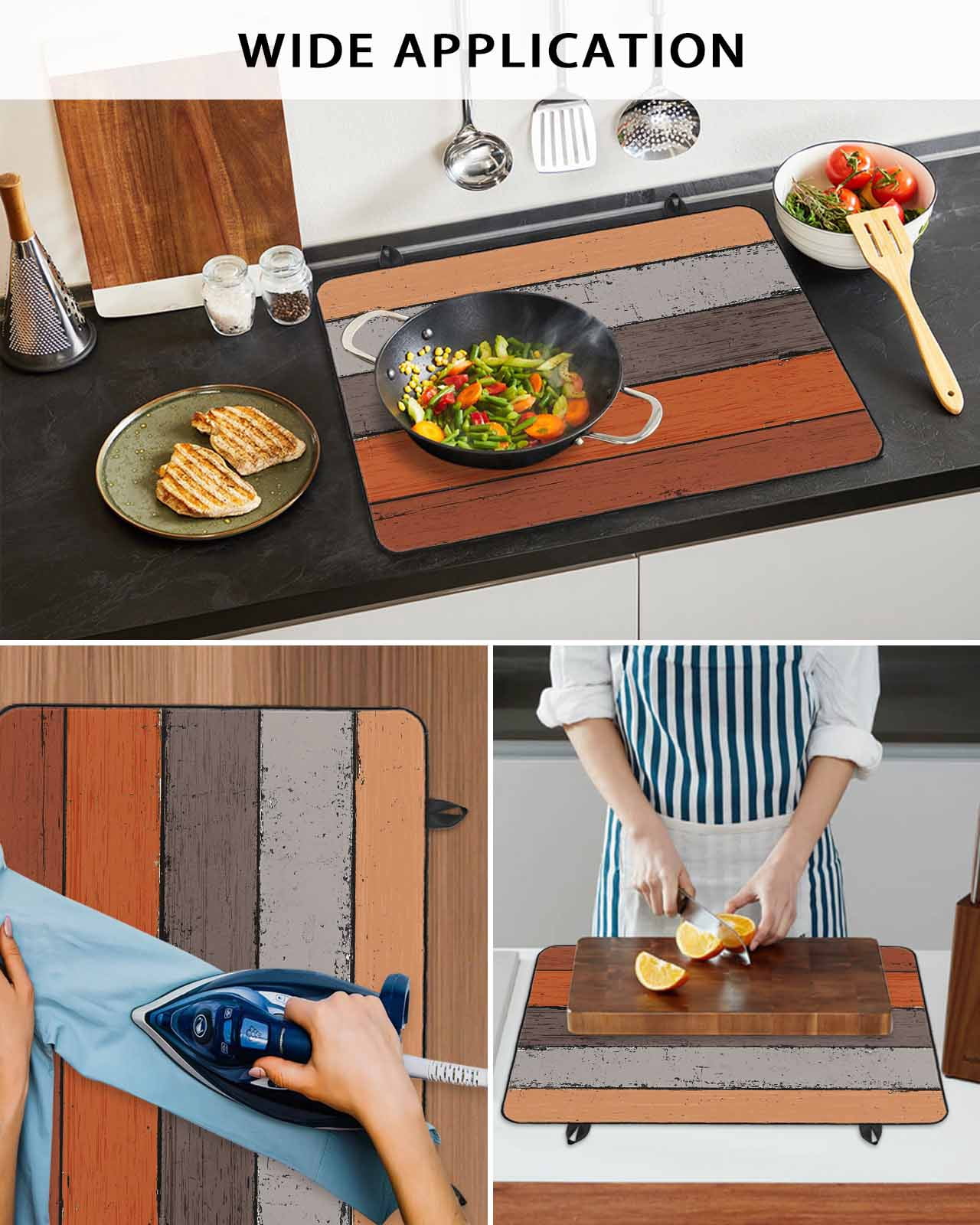 nqOlkjepod Large Induction Cooktop Protector Mat 24"x21", Burnt Orange Grey Stove Top Covers for Electric Stove, Vintage Stripe Farmhouse Wood Grain Stove Burner Cover Mats, Glass Top Stove Cover