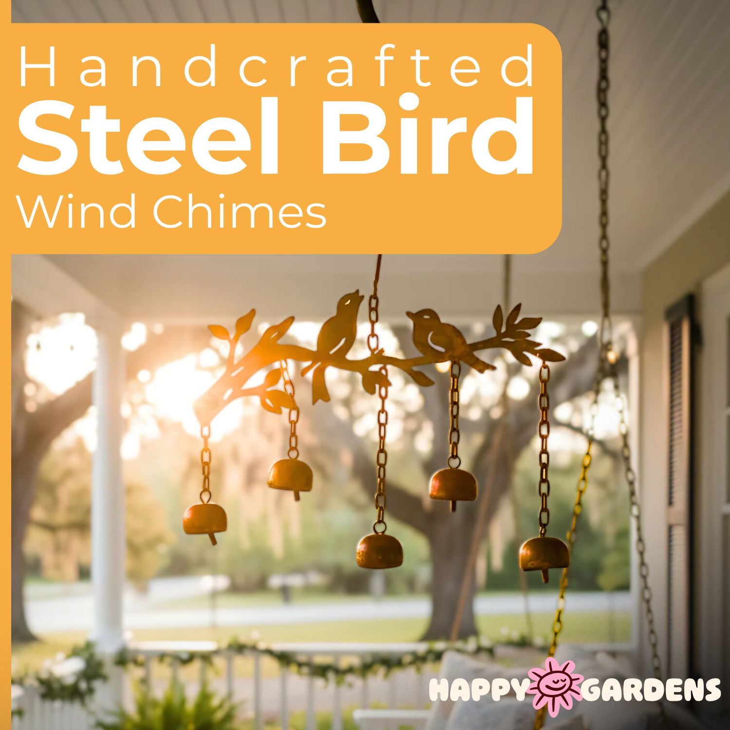 Happy Gardens Bird Wind Chimes with Bells | 5 Suspended Bells Windchime with Birds Garden Decor | Mothers Day Outdoor Gifts & Backyard Decorations