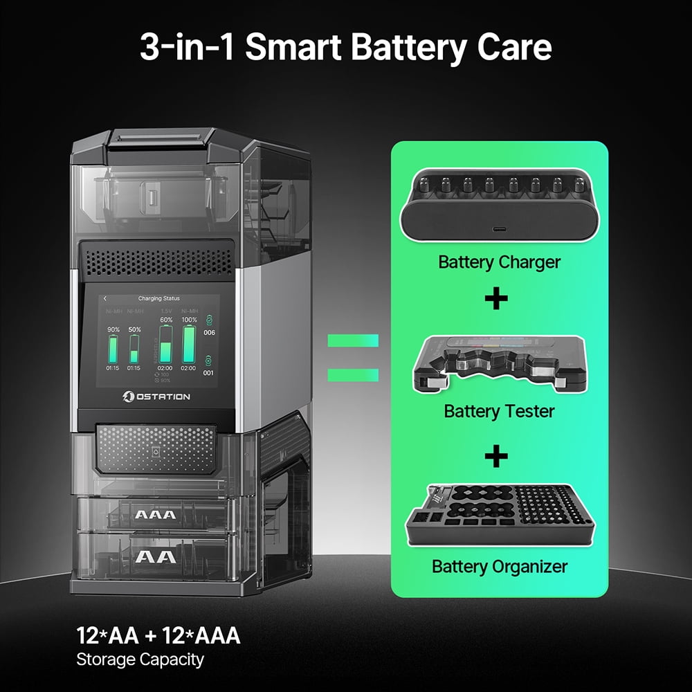 Olight Ostation 2 Pro 3-in-1 Smart Battery Hub for AA & AAA Rechargeable Ni-MH & Li-ion Batteries with Touch Screen