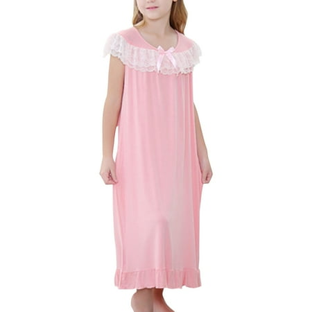 

NIUREDLTD Little Girls Big Girls Lace Shoulder Crew Neck Long Sleepwear Soft Pajama Dress Nightgowns Size 130
