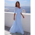 thumbnail image 4 of Women Elegant Baby Blue One-Shoulder Ruched Bodice Long Dress With Draped, 4 of 8