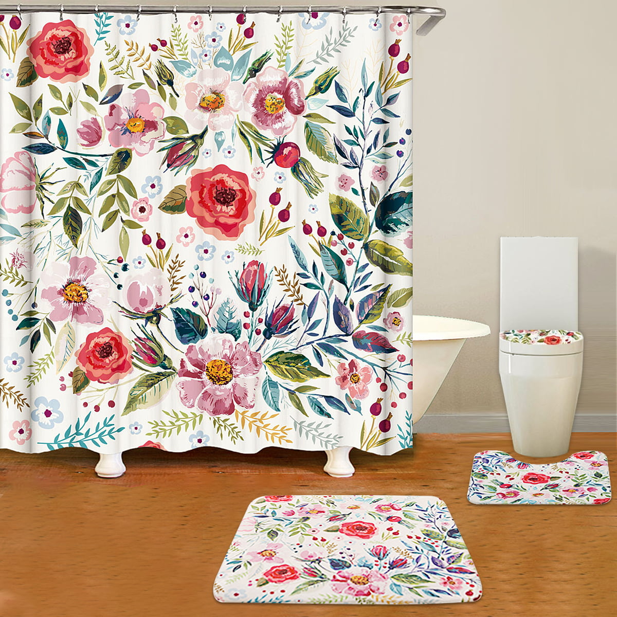 Toilet Lid Cover, 4 Piece Colorful Flower Shower Curtain Set with Non-Slip Rug 