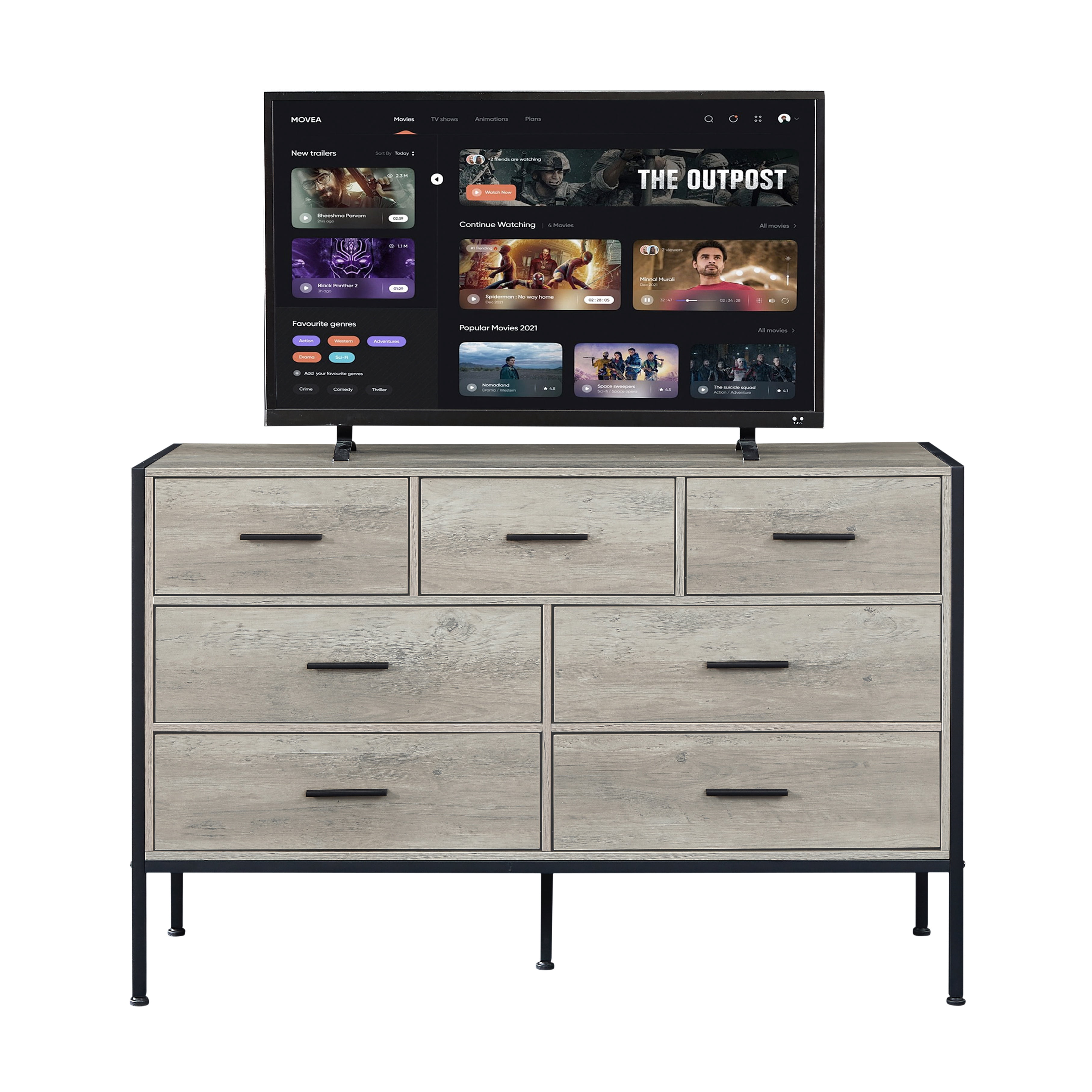 PORKISS 7 Drawer Dresser, Wood Chest of Drawers, Industrial Style Horizontal Dresser for Bedroom, Solid Clothes Storage Cabinet with Sturdy Steel Frame, Wooden Dresser Organizer, Gray
