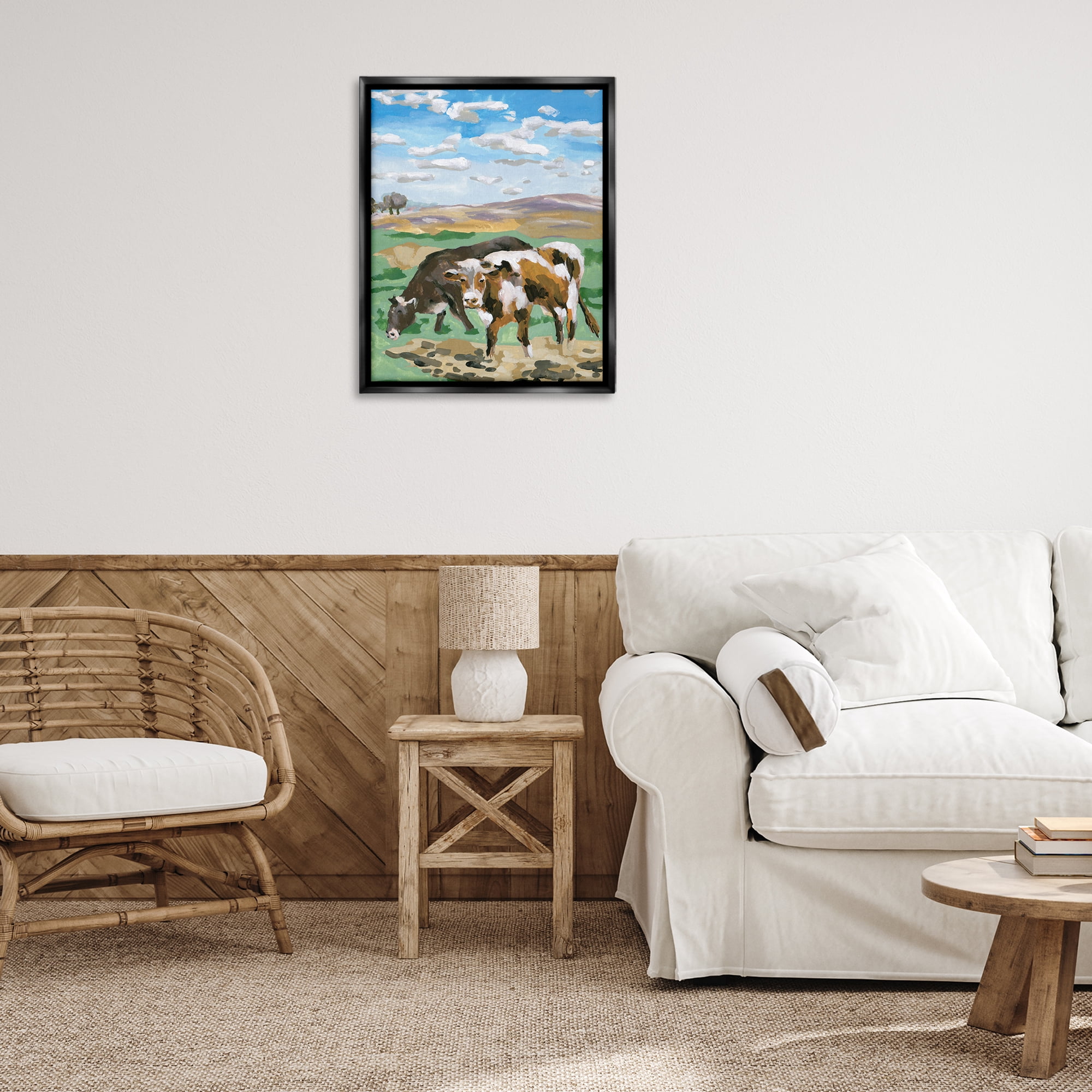 Stupell Industries Grazing Cattle Landscape Animals Painting Black Floater Framed Canvas Art Print Wall Art, 25 x 31