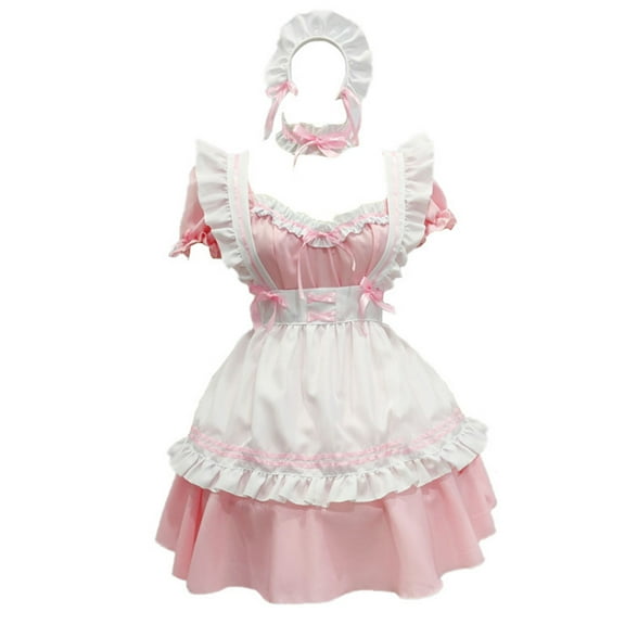 Lilgiuy Women Halloween Maid Cosplay Dress Lovely Solid Animation Show Japanese Outfit Dress for Roleplay Party Clubwear Pink