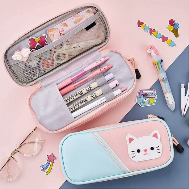 Durhf Cute Pencil Case Cat Pencil Pouch Pu Pencil Bag Zipper Pen Holder Makeup Bag Cosmetic Organizer Bag Stationery Box For School Girls Women (Pink+