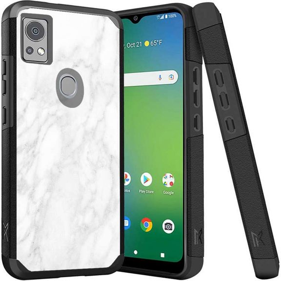 ANJ  Shockproof Dual Layer Slim Hard Case   Tempered Glass Cover Compatible with Icon 5, AT&T Motivate 4 - White Marble