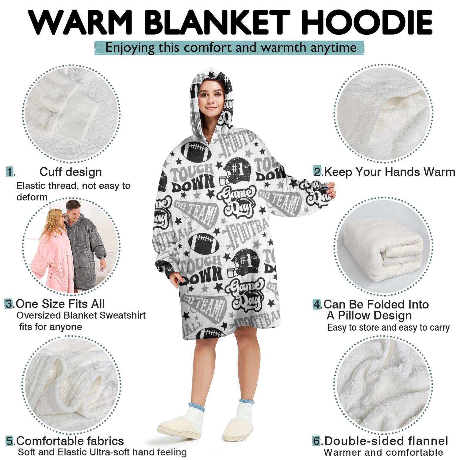 Football Words Pattern Wearable Oversized Blanket,Wearable Blanket Hoodie for Adults,Cozy Hooded Blankets with Super Pockets,Super Warm Fuzzy Pullover for Women & Men
