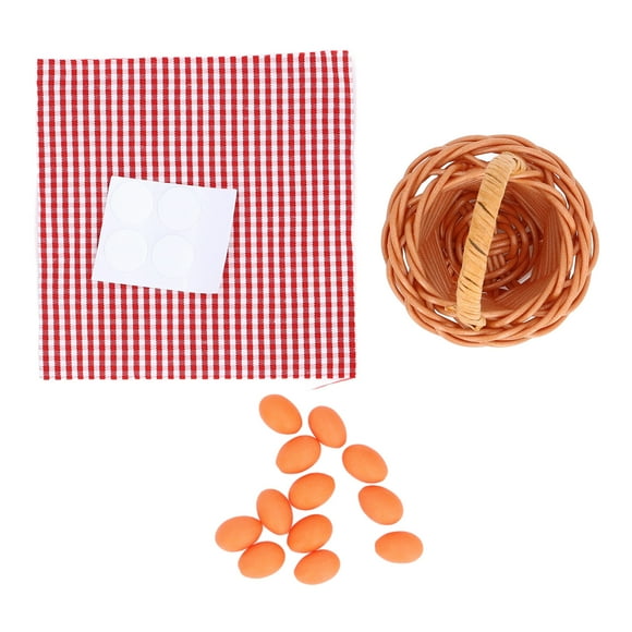 Dollhouse Egg Basket with Egg Red Plaid Pattern High Simulation Miniature Woven Baskets with Handles Doll House Decoration Egg