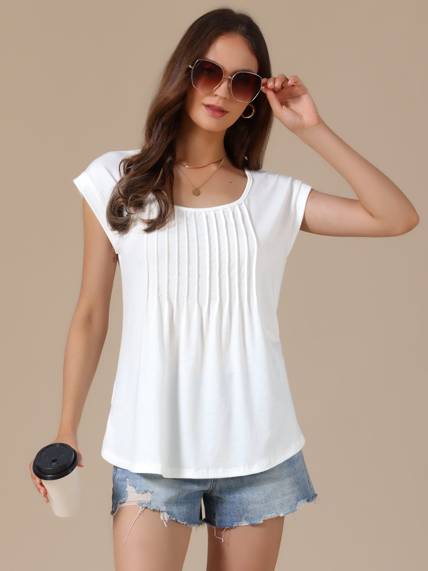 DARING DIVA Women's Cap Sleeve Pleated Round Neck Flowy Casual Blouses XL White