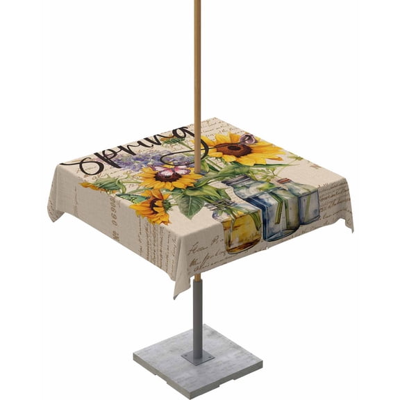 Fsddascl Sunflower Outdoor Tablecloth - 60x60 Inch Square Dining Table Cover, Spring Floral Summer Botanical Farmhouse Waterproof Outdoor Table Cloth with Umbrella Hole & Zipper for Picnic/Patio