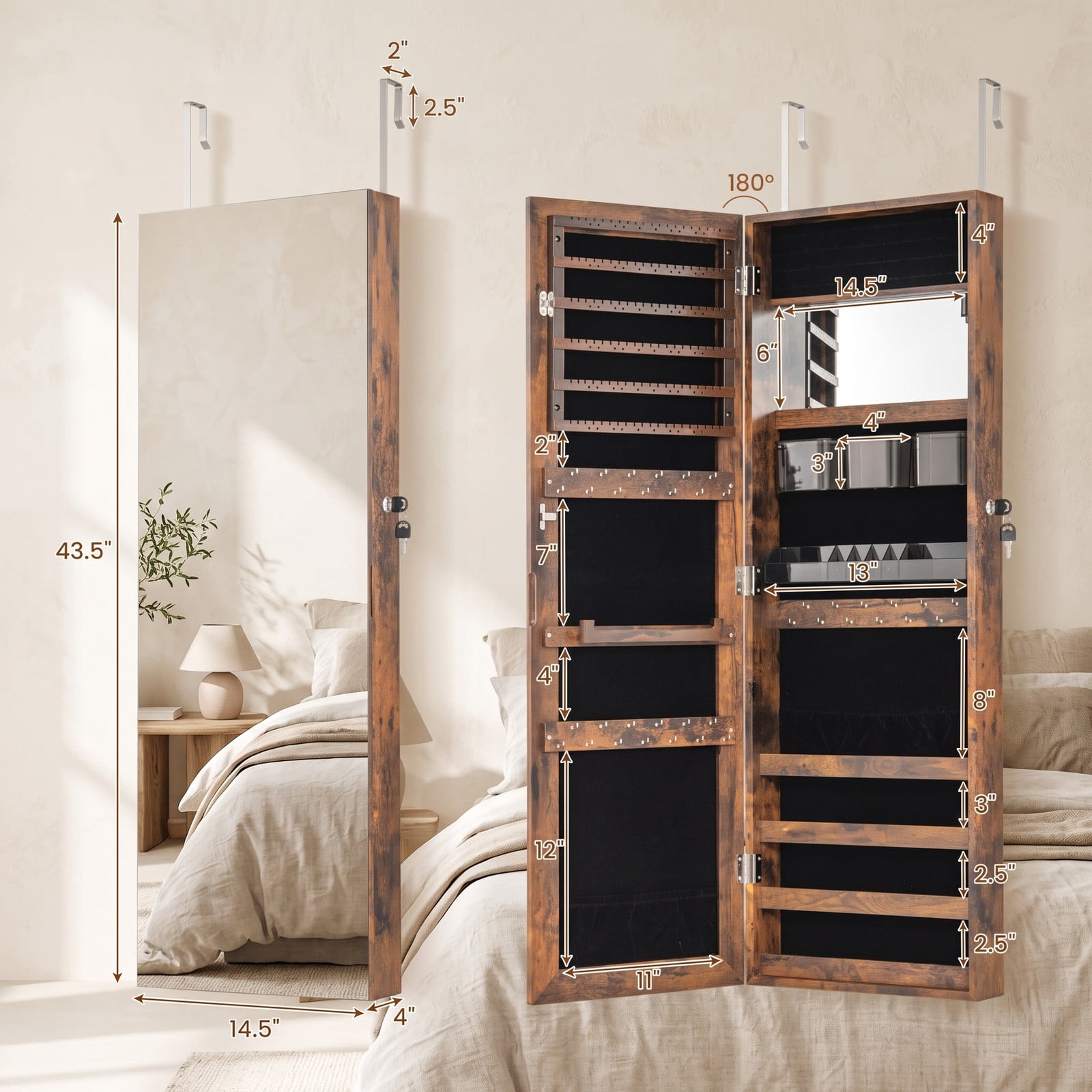 Furnibear 43.5 Inch Jewelry Armoire Cabinet with Full Length Mirror and Adjustable Hangers for Bedroom and Entryway, Rustic Brown