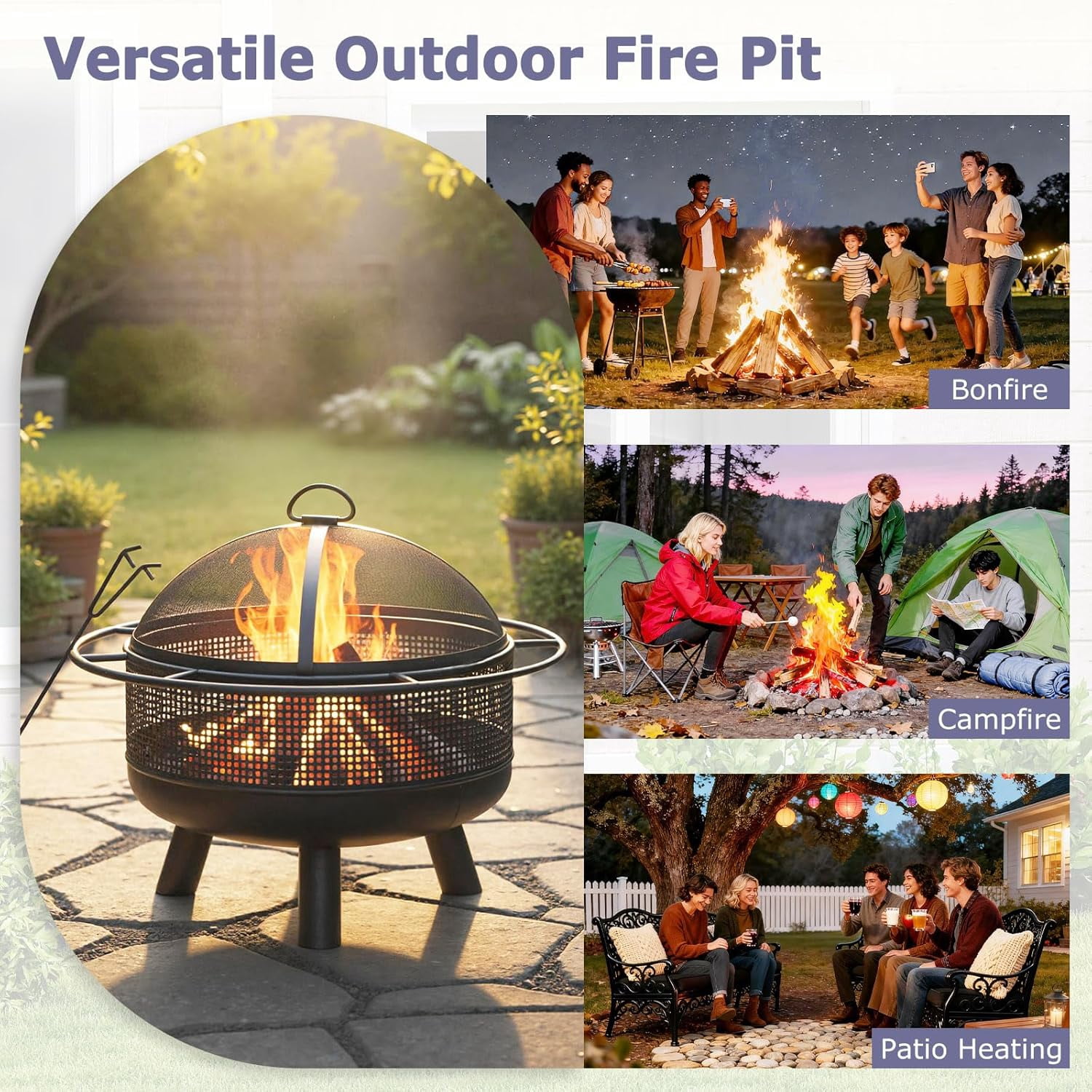 24-Inch Heavy-Duty Metal Outdoor Wood Burning Fire Pit with Spark Screen, Poker, and Log Grate