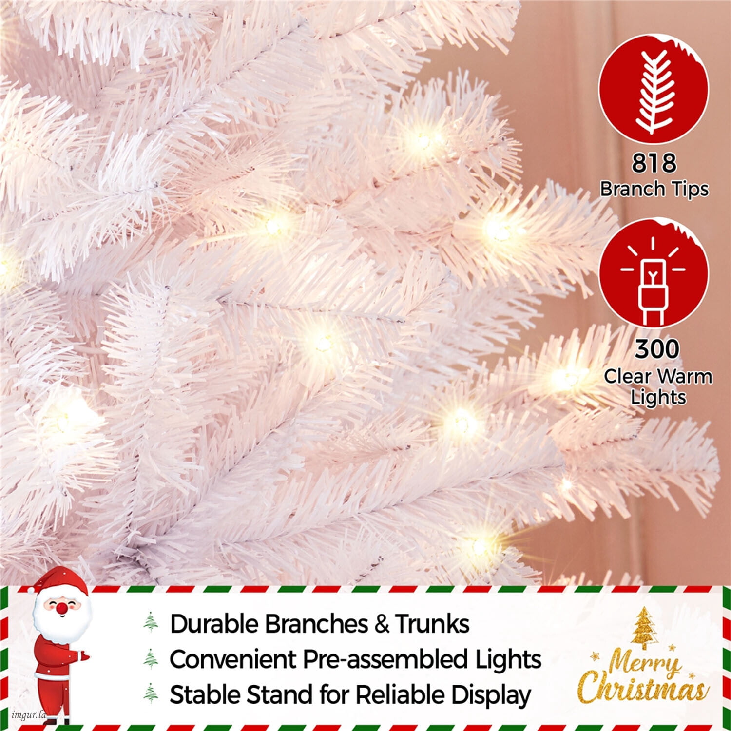 Alden Design 6FT Pre-lit Artificial Hinged Christmas Fir Tree with Stand and 300 LED Warm Lights,White