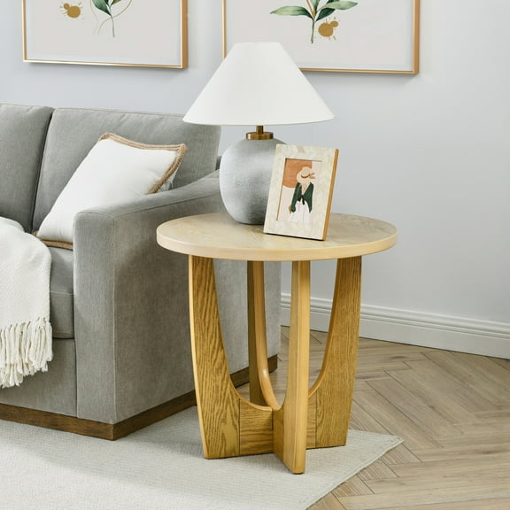 Noble House 25" Round Wooden Side Table, Modern End Table for Living Room, Reception Room, Oak