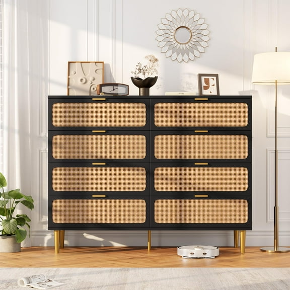 Rattan 8-Drawer Dresser, Modern Tall Chest of Drawers with Deep Storage for Bedroom, black