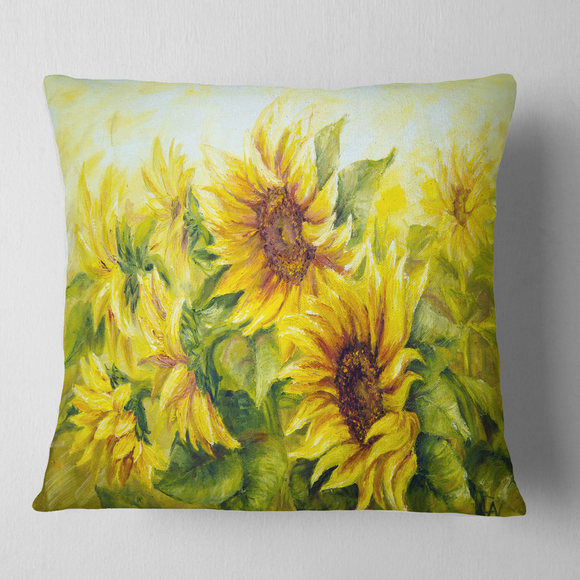 Designart Bright Yellow Sunny Sunflowers - Floral Painting Throw Pillow - 16x16