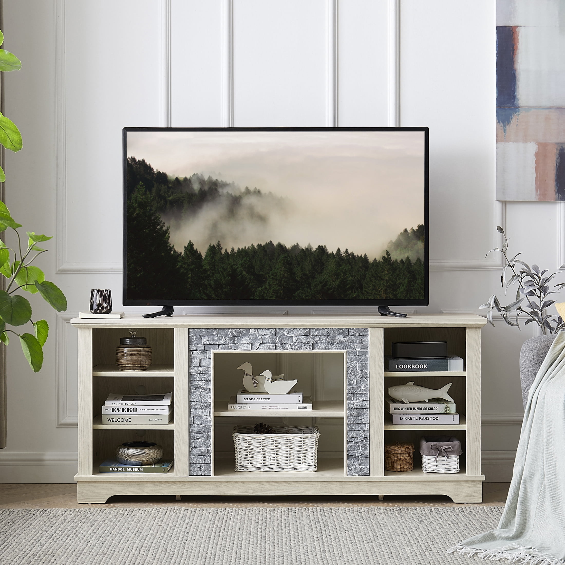 Aukfa TV Stand for TVs up to 65" with Faux Stacked Stone Surround for Living Room, Oak