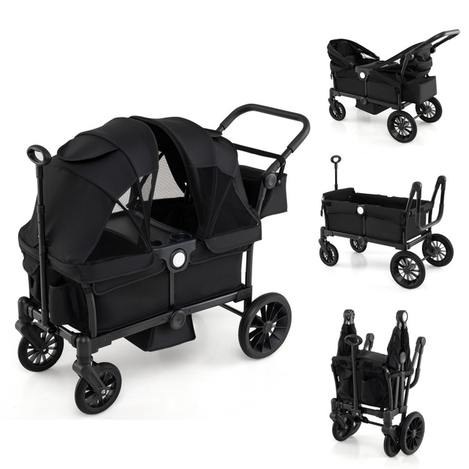 Redsmile 2 Seater Kids Wagon Stroller, Push Pull Collapsible Baby Stroller Wagon for Boys Girls, Foldable Stroller with Adjustable Handlebars, Canopy, Cup Holder, ASTM Certified, Black