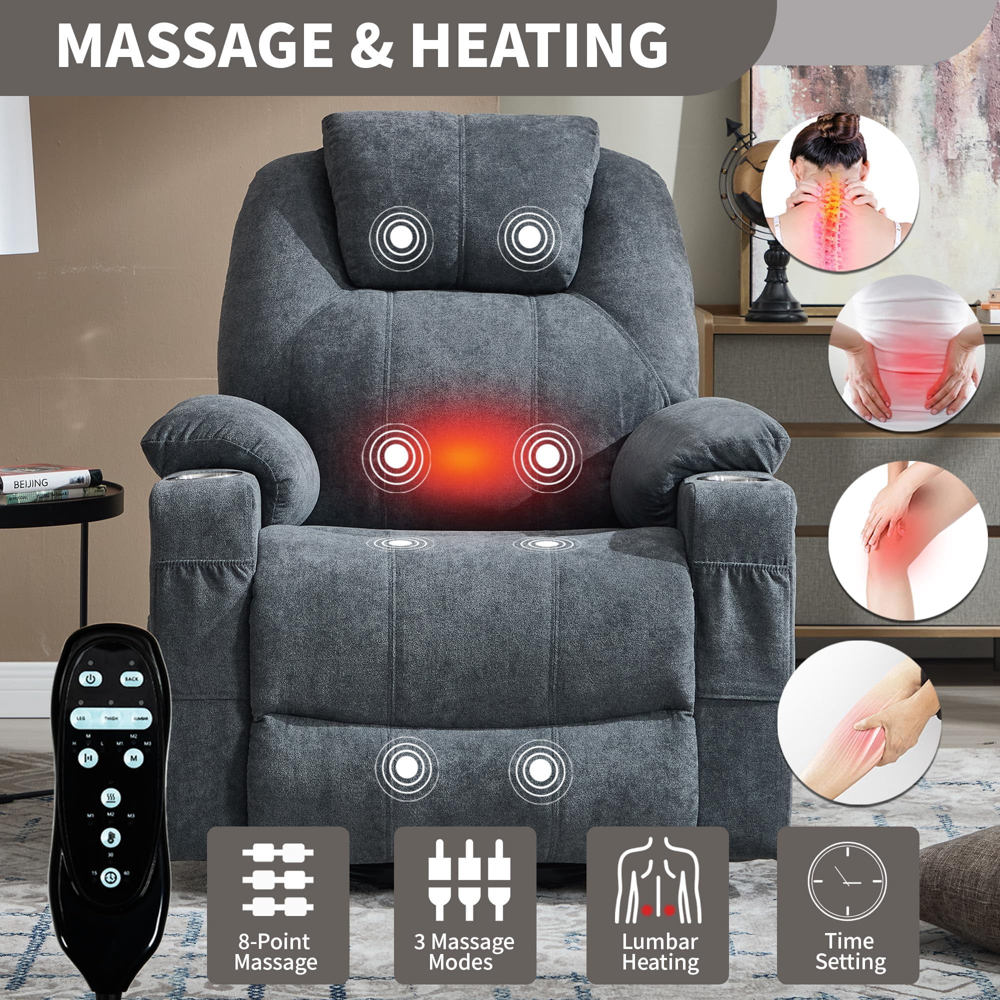 Power Lift Recliner Chair, Electric Lift Recliner for Elderly Reclining Chair with Vibration Massage and Lumbar Heating, Single Sofa with Charging Ports Cup Holders