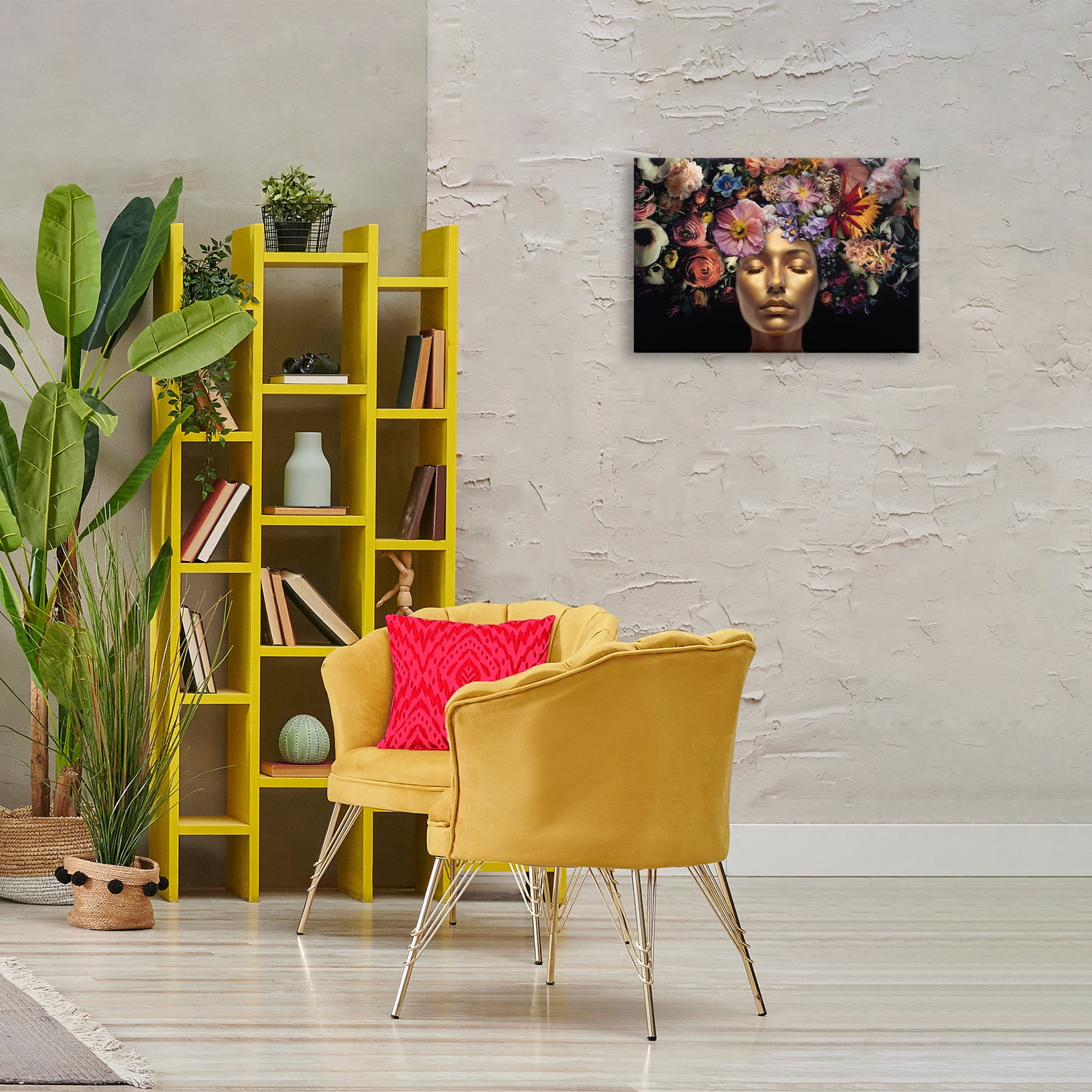 Stupell Industries Gold Face with Flowers Plants & Flowers Painting Wrapped Canvas Art Print Wall Art, 24 x 16