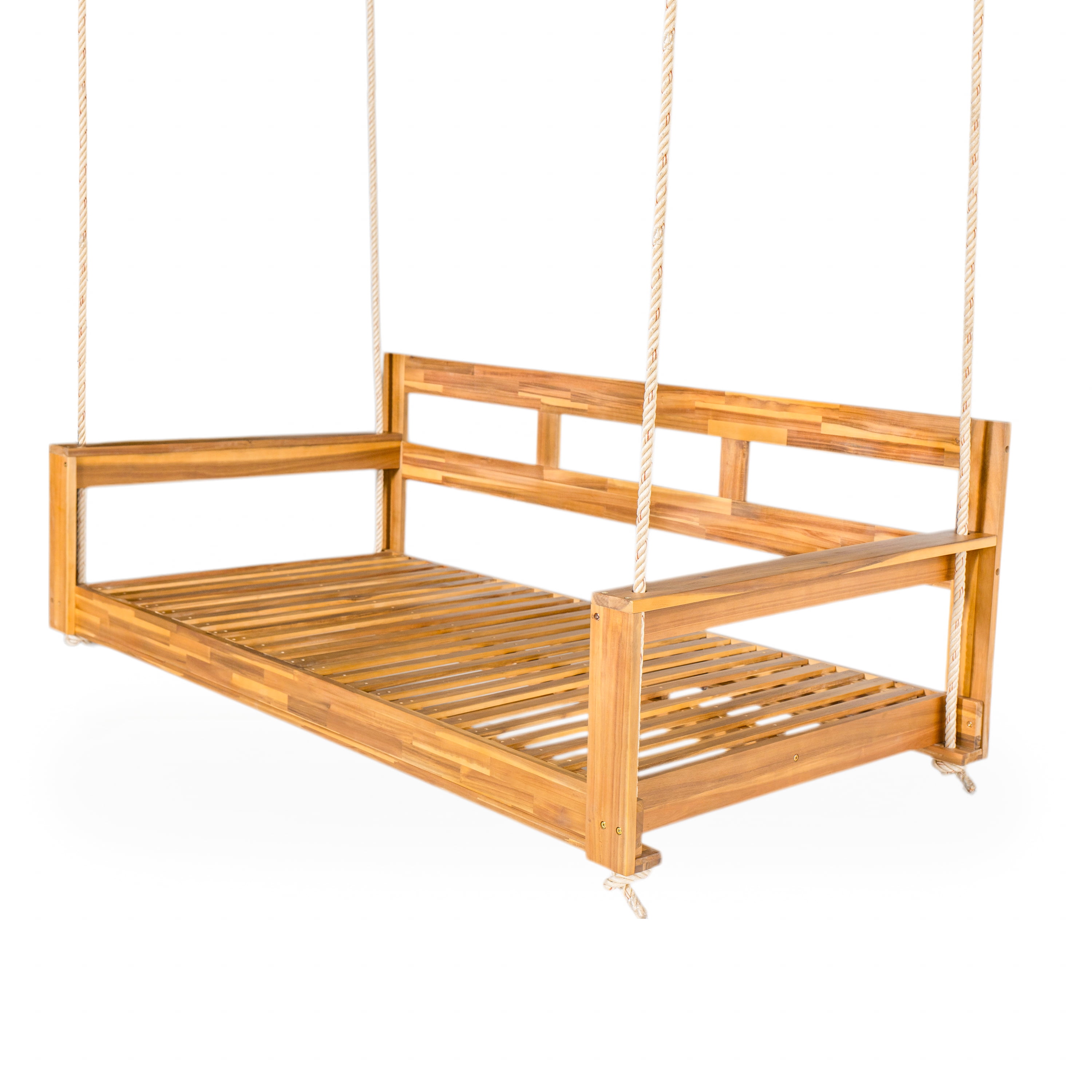 Euroco Acacia Wood Farmhouse Swing Bed with Hemp Rope Suspension, 350lbs Capacity, Twin Size, Easy Assembly, Cushions Not Included