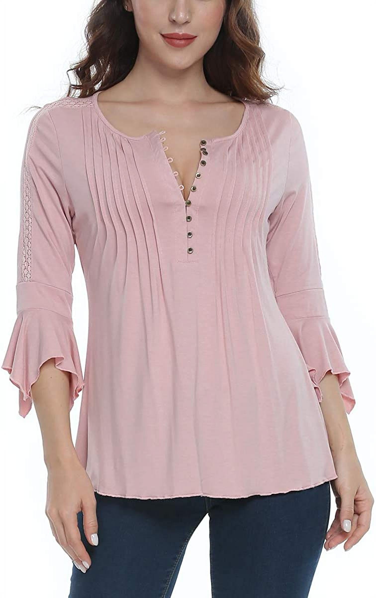 Jo.Hannah Peasant Henley Tops for Women Button Down Blouses Pleated