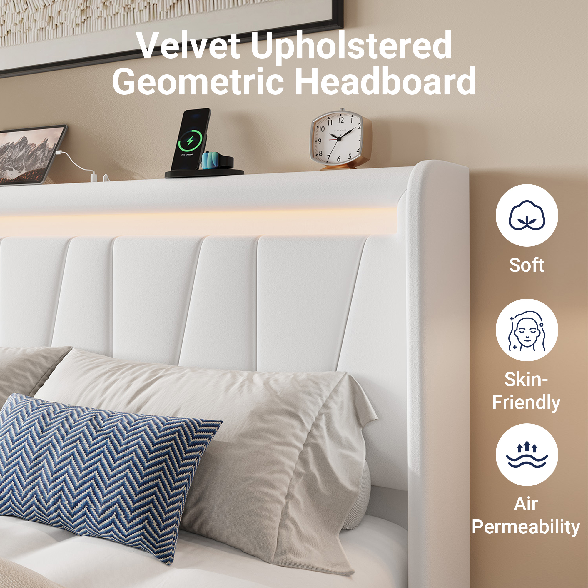 Allewie Queen Size LED Bed Frame with Charging Station, Velvet Upholstered Platform Bed with Geometric Wingback Headboard, White