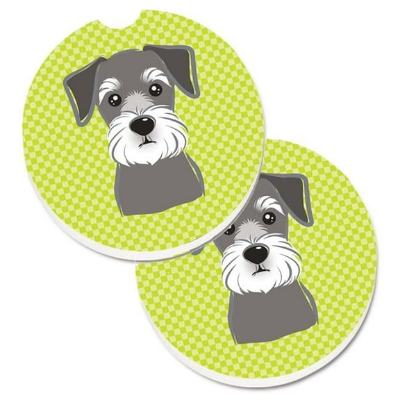 Checkerboard Lime Green Schnauzer Set of 2 Cup Holder Car Coaster