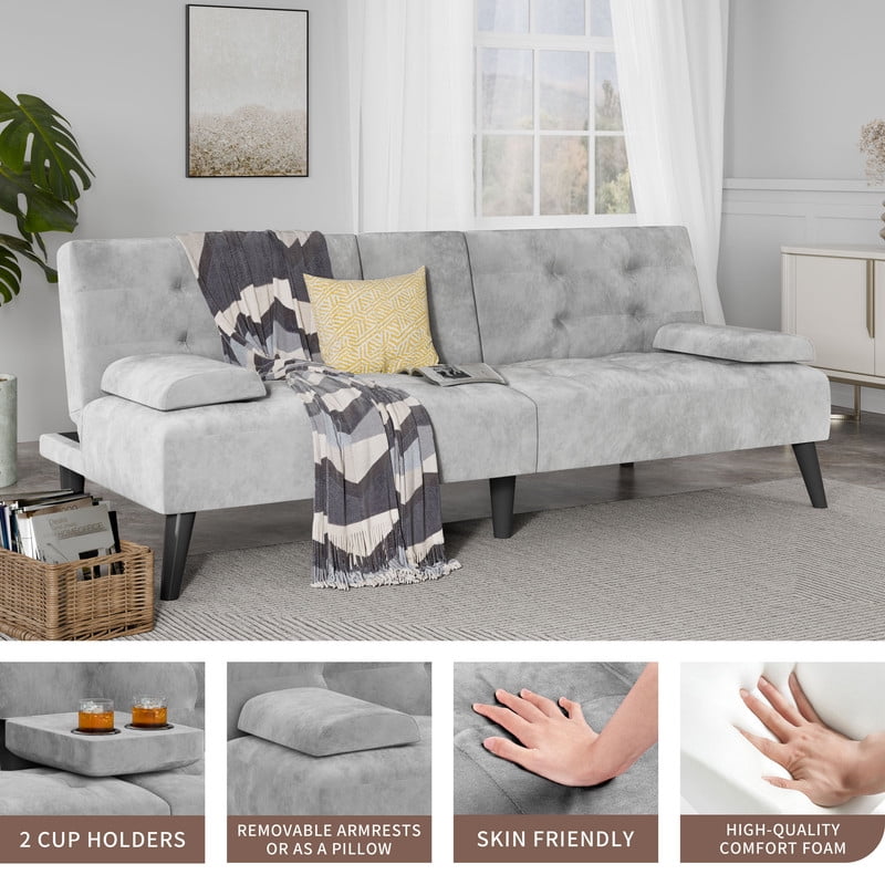 Walsunny Convertible Futon Sofa Bed, Foldable Futon Sleeper Sofa Bed with 2 Cup Holders, Folding Loveseat Recliner with 3-Angle Adjustment Modern Couch for Living Room, Small Space, Light Gray