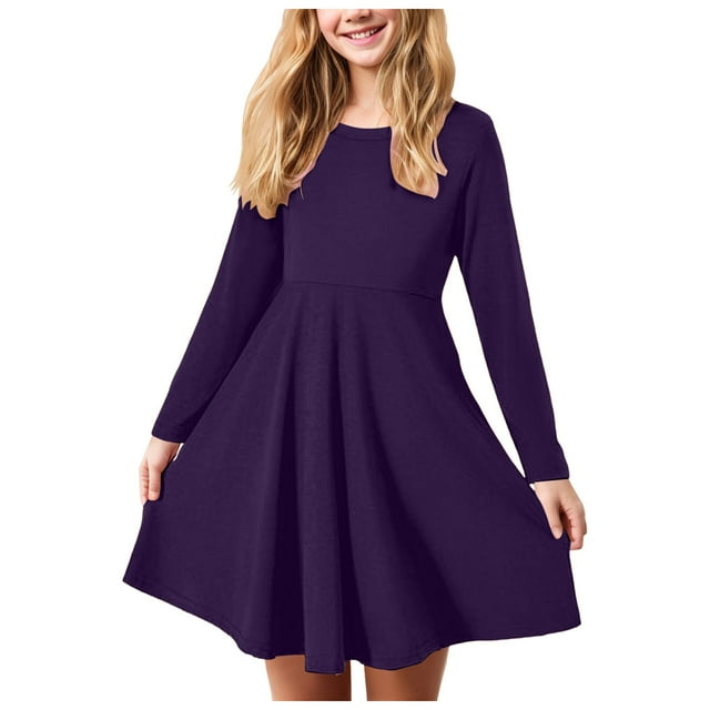 Zanarzt Robe Tutu pour Tout-Petits Filles à Manches Longues Robes T-Shirt Enfants Automne Robe Patineuse Ligne A Violet Foncé, 13-14 Ans