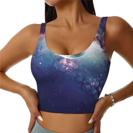Adobk Planets Stars And Galaxies Print Sports Bras for Women Longline Workout Crop Tank Tops Padded with Built in Shelf Padded Sports Bra-Large