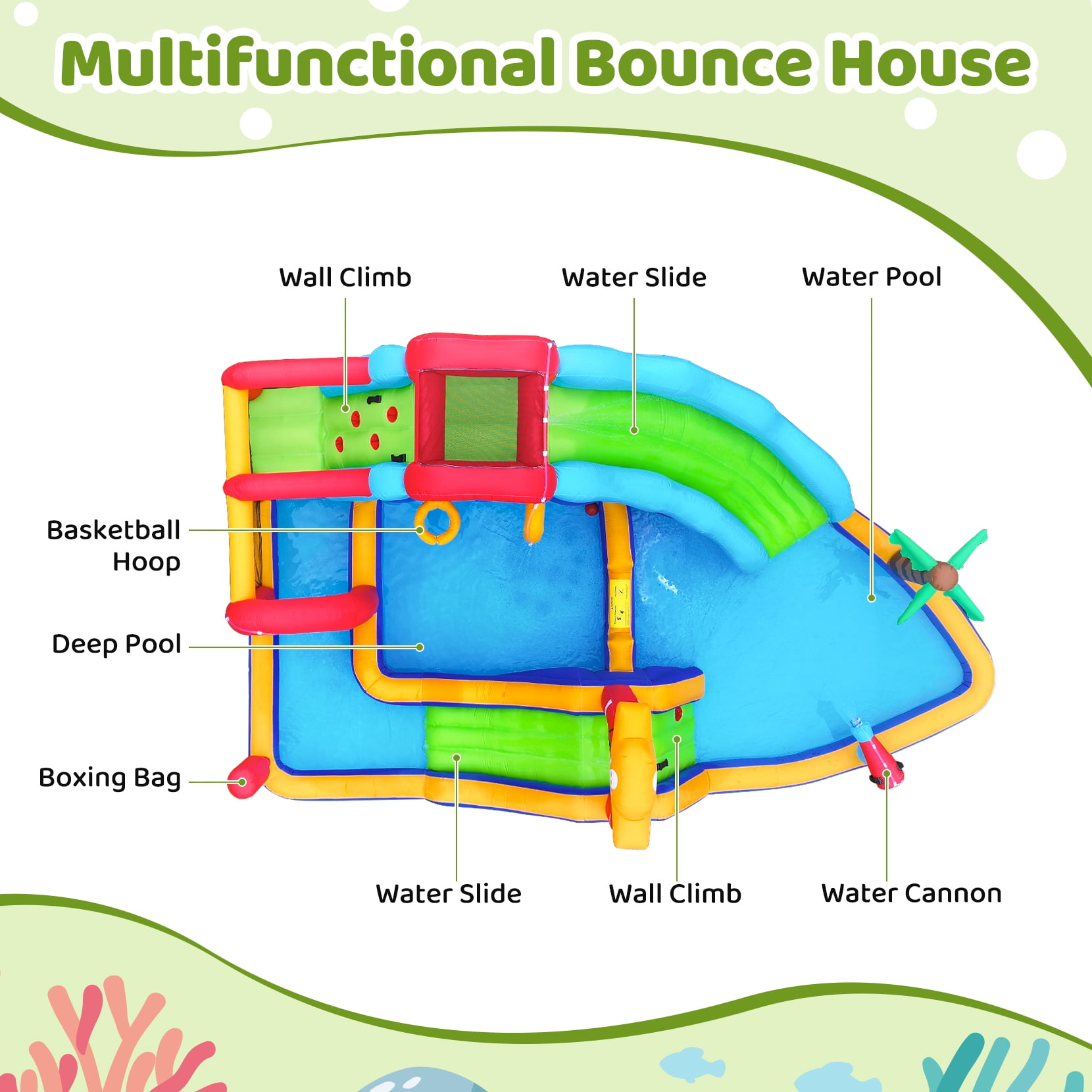 Neche Inflatable Water Slide Bouncy House with Blower, 222 x 135 x 82 inches, 11-in-1 Extra Long Water Slide with Splash Pool for Kids Backyard Outdoor