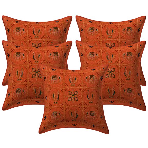Stylo Culture Ethnic Settee Sofa Throw Pillow Covers 16x16 Ari Embroidered Orange Traditional 40cm x 40cm Lounge Decor Cotton Elephant Square Cushion Covers | Set Of 5