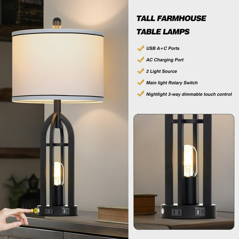 27 Inch Farmhouse Table Lamps Set Of 2 With USB & Outlet - Dimmable Bedside Lamps For Bedroom Black