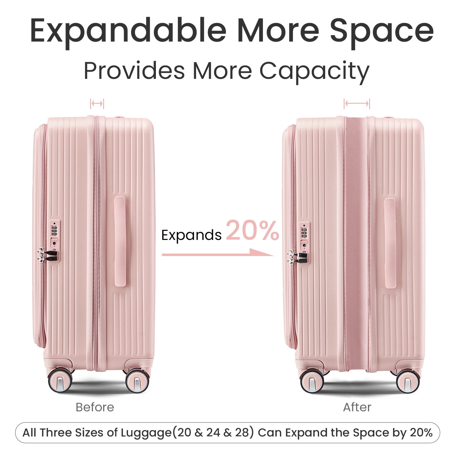 POWANLI 3 Piece Luggage Sets (20''24''28''), PC Hard Shell Expandable Lightweight Carry On Luggage, with Front Pocket and Spinner Wheels, TSA Lock, Airline Approved(Pink)