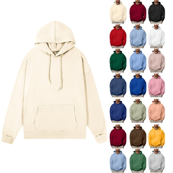 Hzzrkos Men Casual Fashion Solid Color Loose Hooded Long Sleeve Drawstring Pullover Sweatshirt With Front Pocket for Daily Workout Lounging Street Travel Outfits