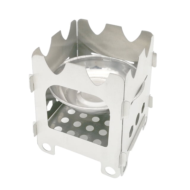 Estufa de camping portátil de acero inoxidable para exteriores, plegable, de leña, para picnic, con quemador y calentador de alcohol (plateada)