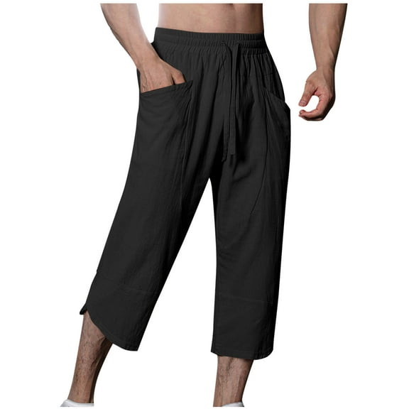 Dagegui Mens Linen Cropped Pants Summer 3/4 Length Straight Leg Pant Drawstring Elastic Waist Casual Trousers Beach Slacks Black S