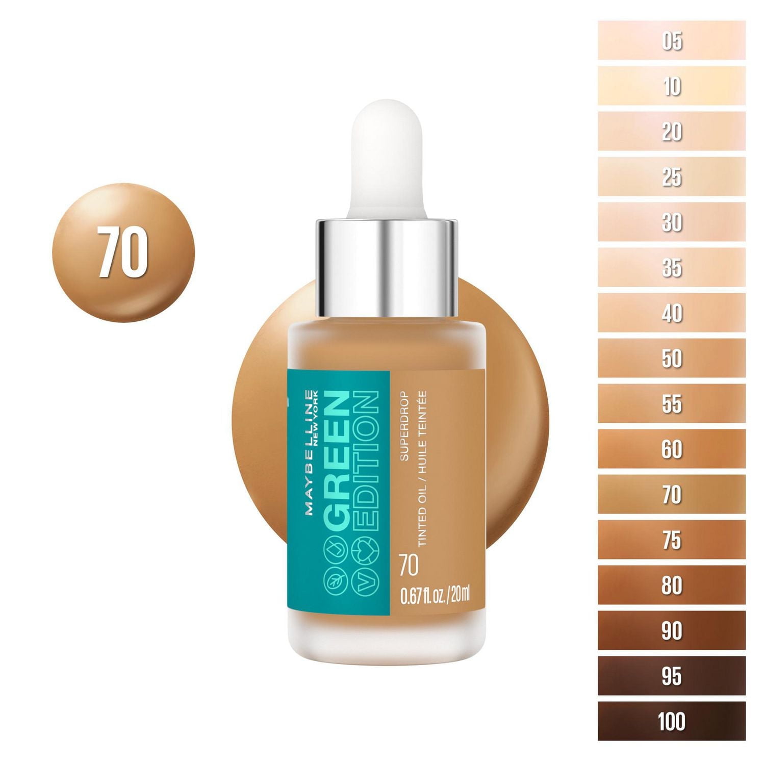 Maybelline New York Green Edition Huile maquillante teintée Superdrop à couvrance ajustable, teinte 35, 20 ml