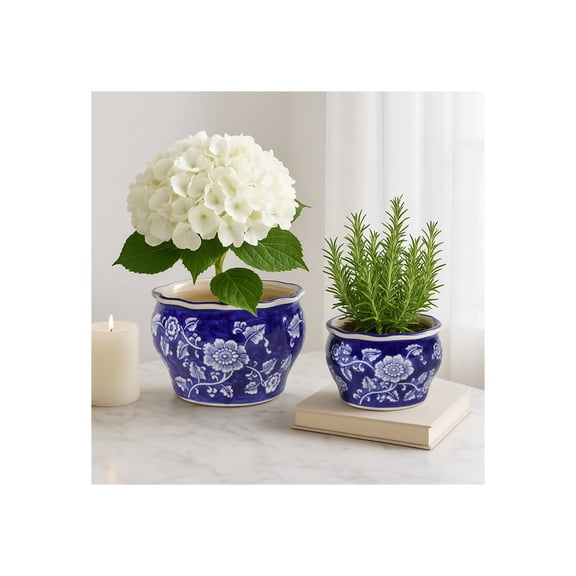 Chinoisere Flower Pots Planters for Home Decor - Traditonal Planters for Outdoor and Indoor Plants - Decorative Plant Pots for Garden or Indoor Stand Styling - Set of 2, 6", 5", Blue & White