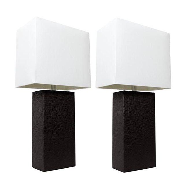 Lampe de Table en Cuir Moderne avec Abat-Jour en Tissu Blanc - Noir, Lot de 2