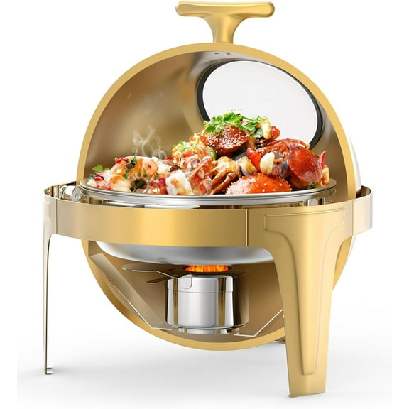Lumiparty 6.3 Quart Round Roll Top Chafing Dish Buffet Set, Stainless Steel Buffet Food Warmer Servers Chafer for Catering with Glass Window for Party Wedding Banquet Graduation Event, Gold