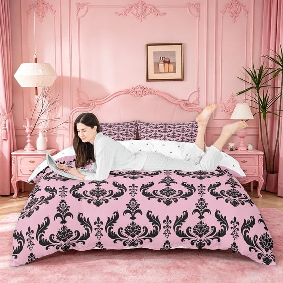 jejeloiu Romantic Damask Duvet Cover Queen,Soft Floral Queen Bedding For Adults,Pink Black,Reversible,3-Piece,1 Duvet Cover and 2 Pillowcases