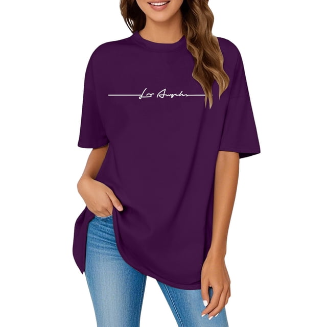 JIRNDf Hauts pour Femmes Tendance d'Été T-Shirts Surdimensionnés à Imprimé de Lettres Col Rond Manches Courtes Manches Courtes Décontracté Ample Sport Décontracté Uni Adolescentes Jolis T-Shirts Graphiques pour Femmes Chemises Violet TTG