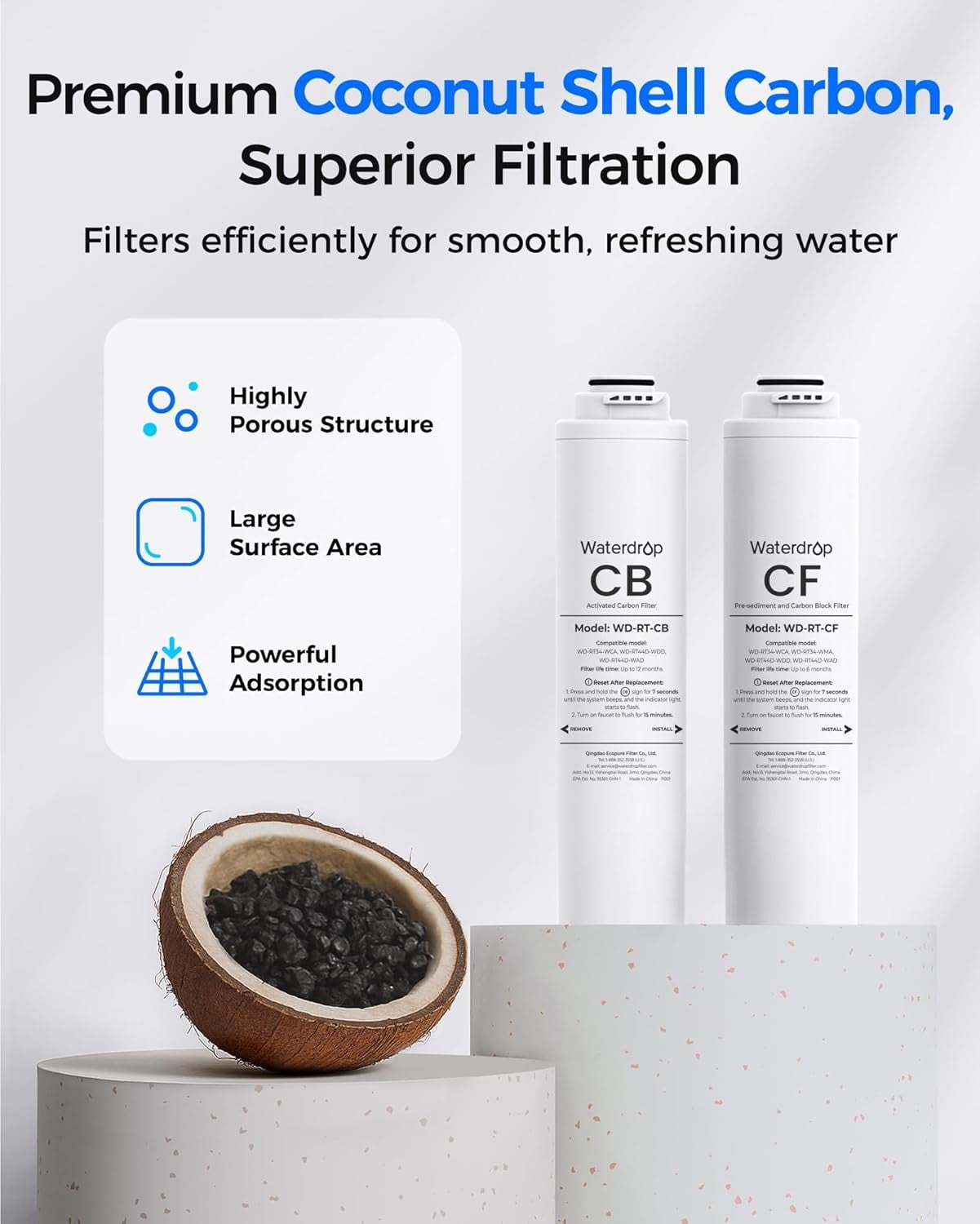 Waterdrop 𝐖𝐃-𝐓𝟑-𝐑𝐂𝐎 Replacement Filter, Pack of 1 RO & 2 CF & 1 CB Filter, Replacement for 𝐖𝐃-𝐓𝟑-𝐂 Tankless Reverse Osmosis Water Filter (𝟐*𝐂𝐅 + 𝟏*𝐂𝐁 + 𝟏*𝐑𝐎)