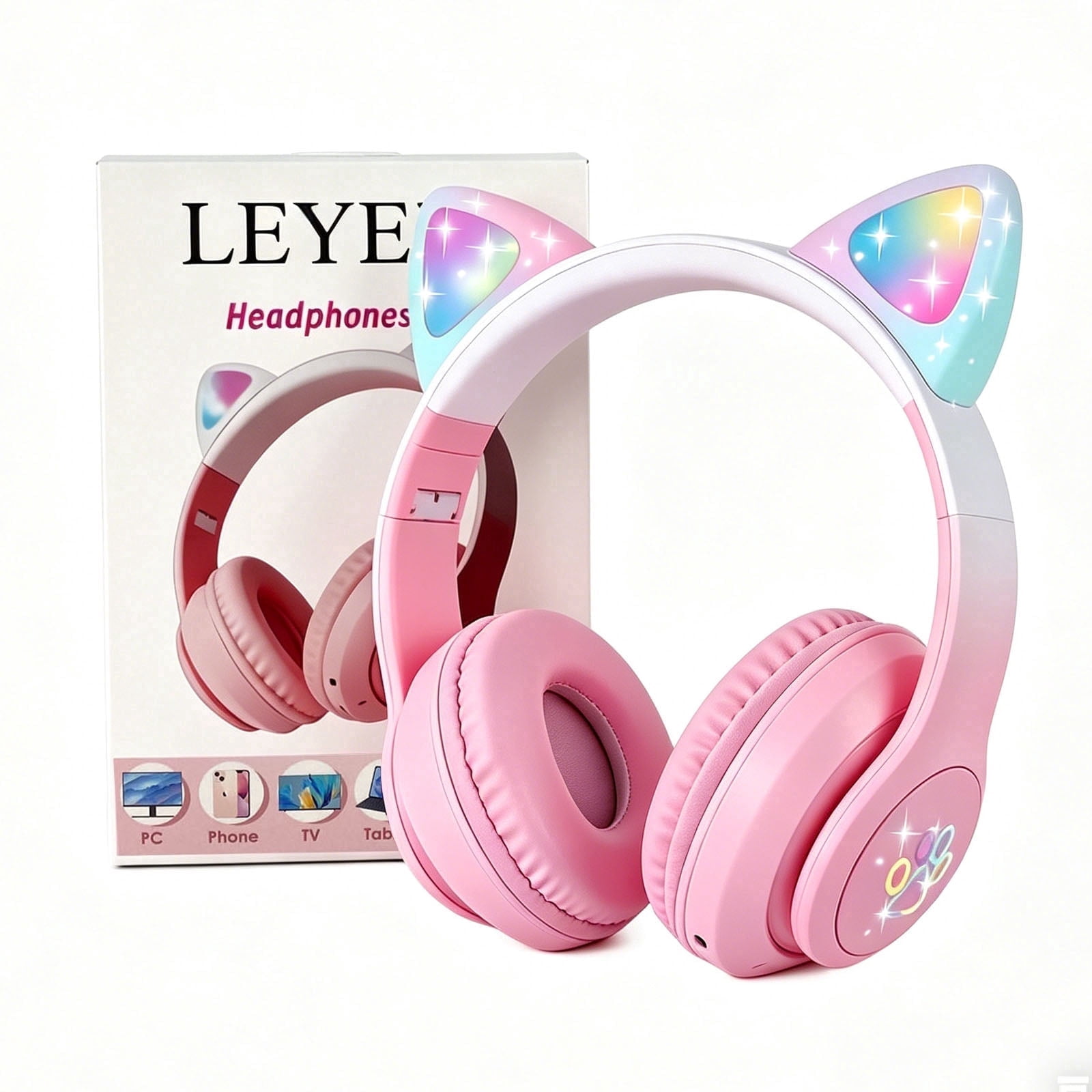 Leyeet Cat Ear Kids Bluetooth Headphones for Girls Children Teens, LED Light Up Wireless/Wired Mode Foldable Stereo Girls Headphones with Built-in Mic for School Birthday Xmas Gift (Pink)
