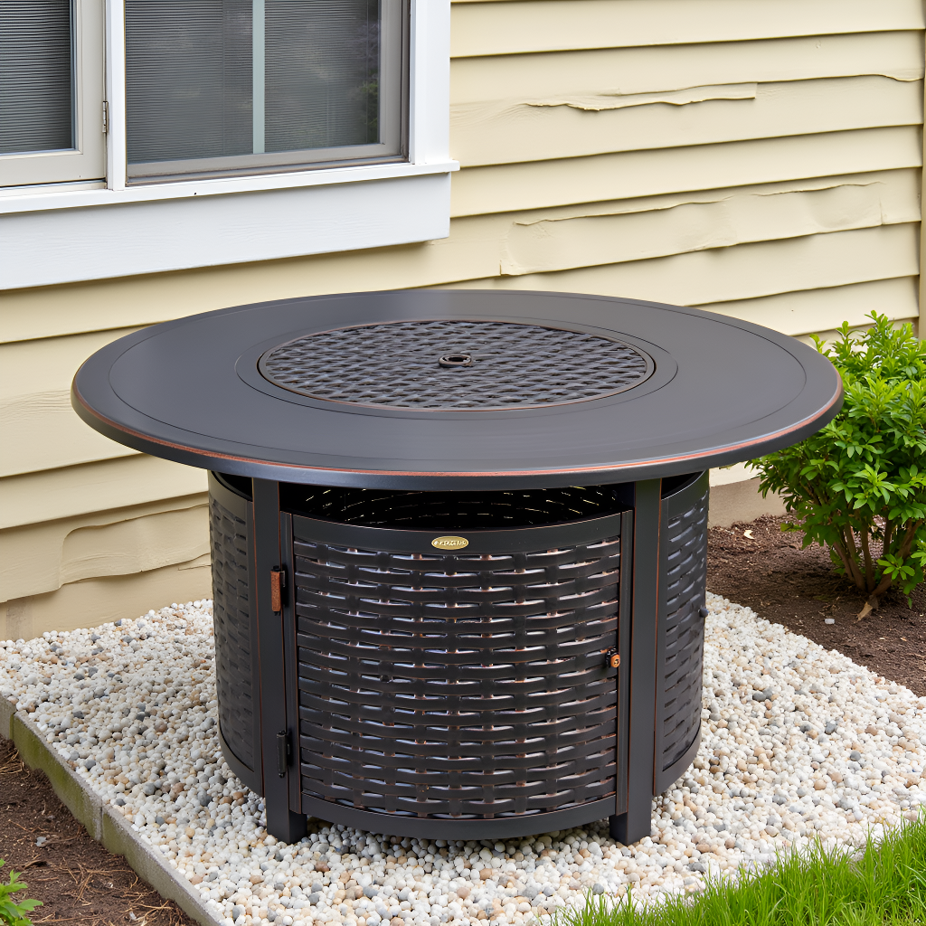 Vulcan Florence Woven Aluminum Gas Fire Pit Table – Round 44" with Fire Bowl Lid, Antique Bronze